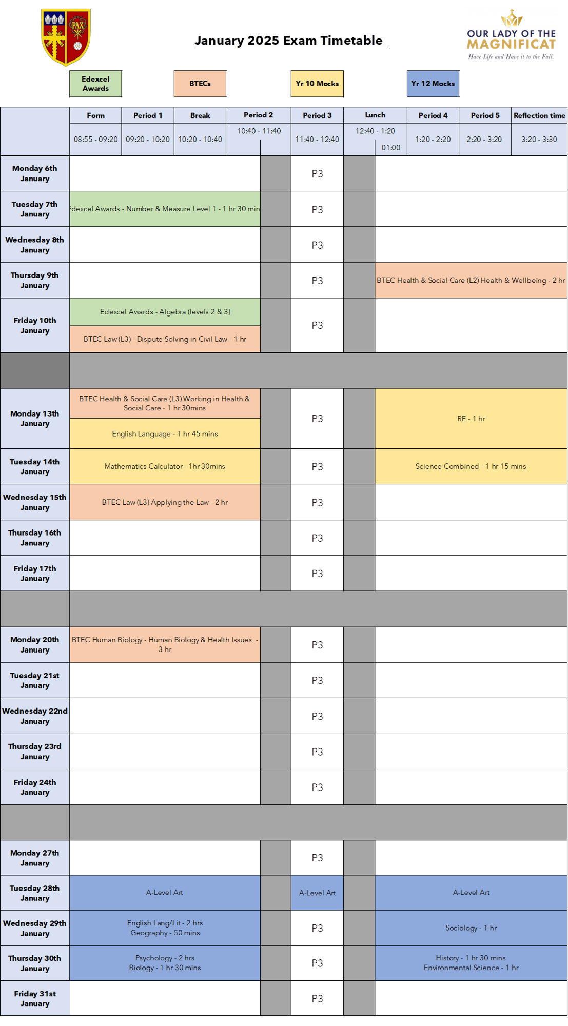 January 2025 mock exam timetable