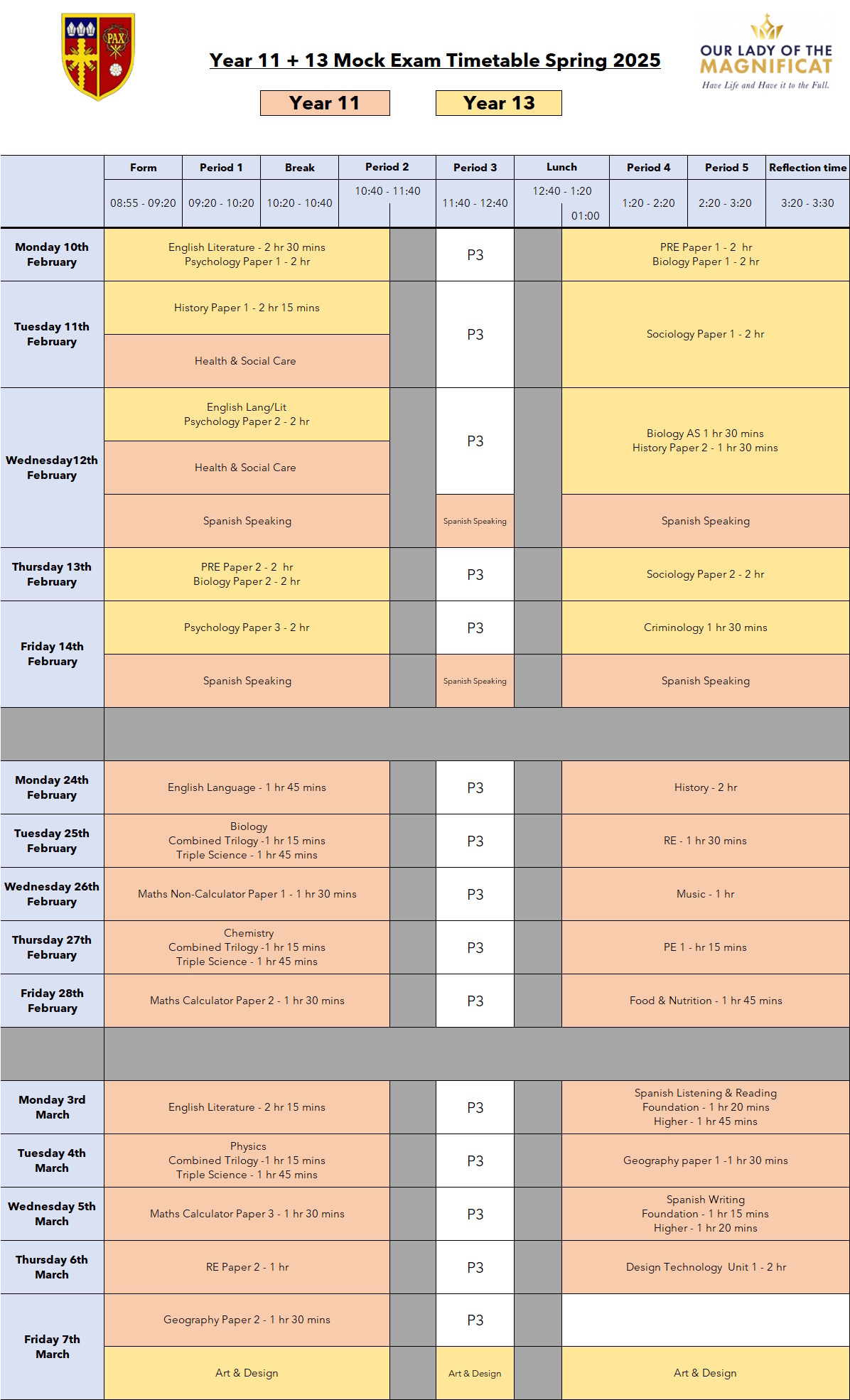 Spring mock exam timetable