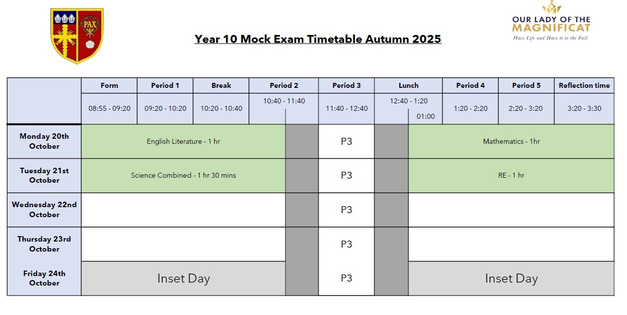 Yr 10 mock exam timetable