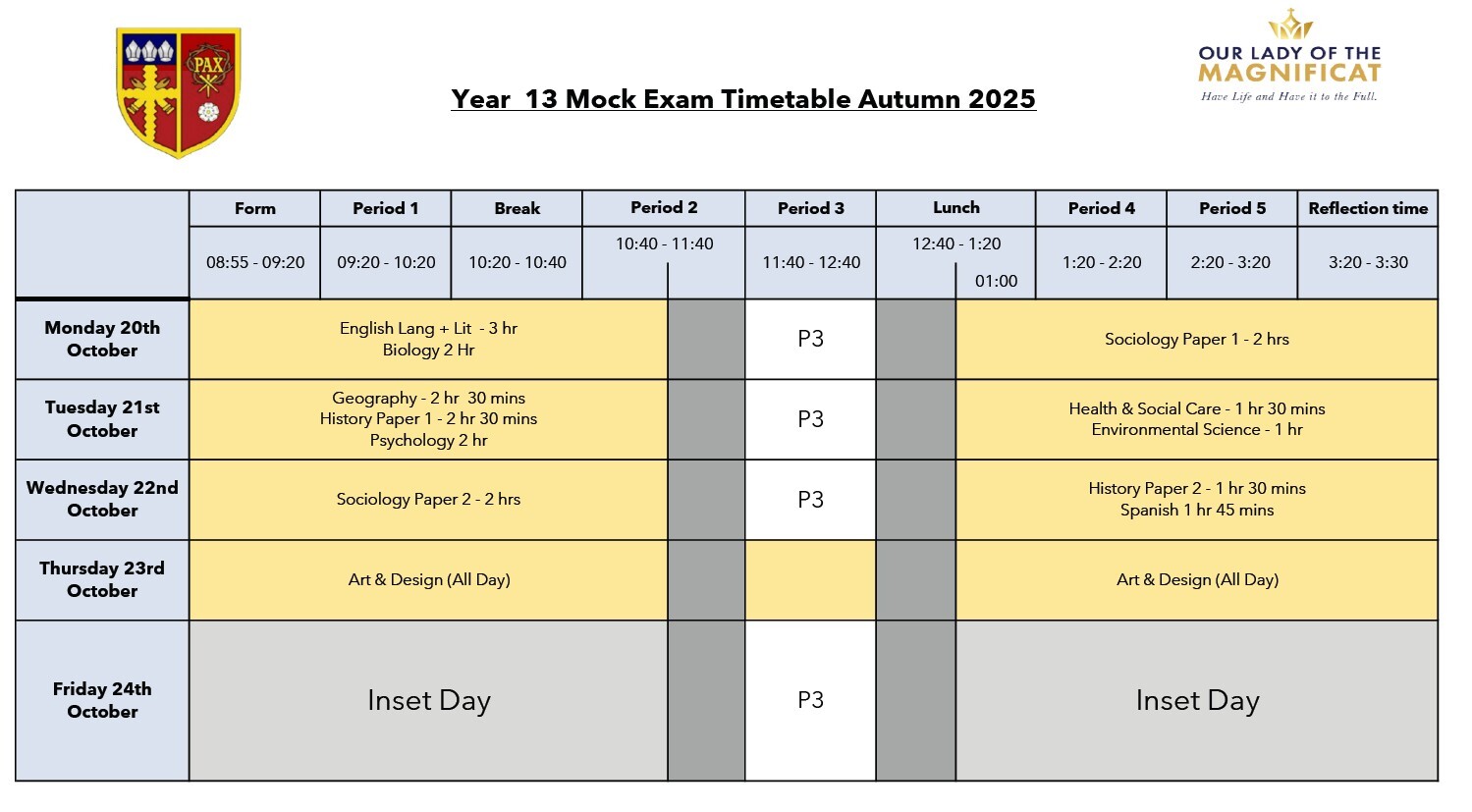 Yr 13 mock timetable